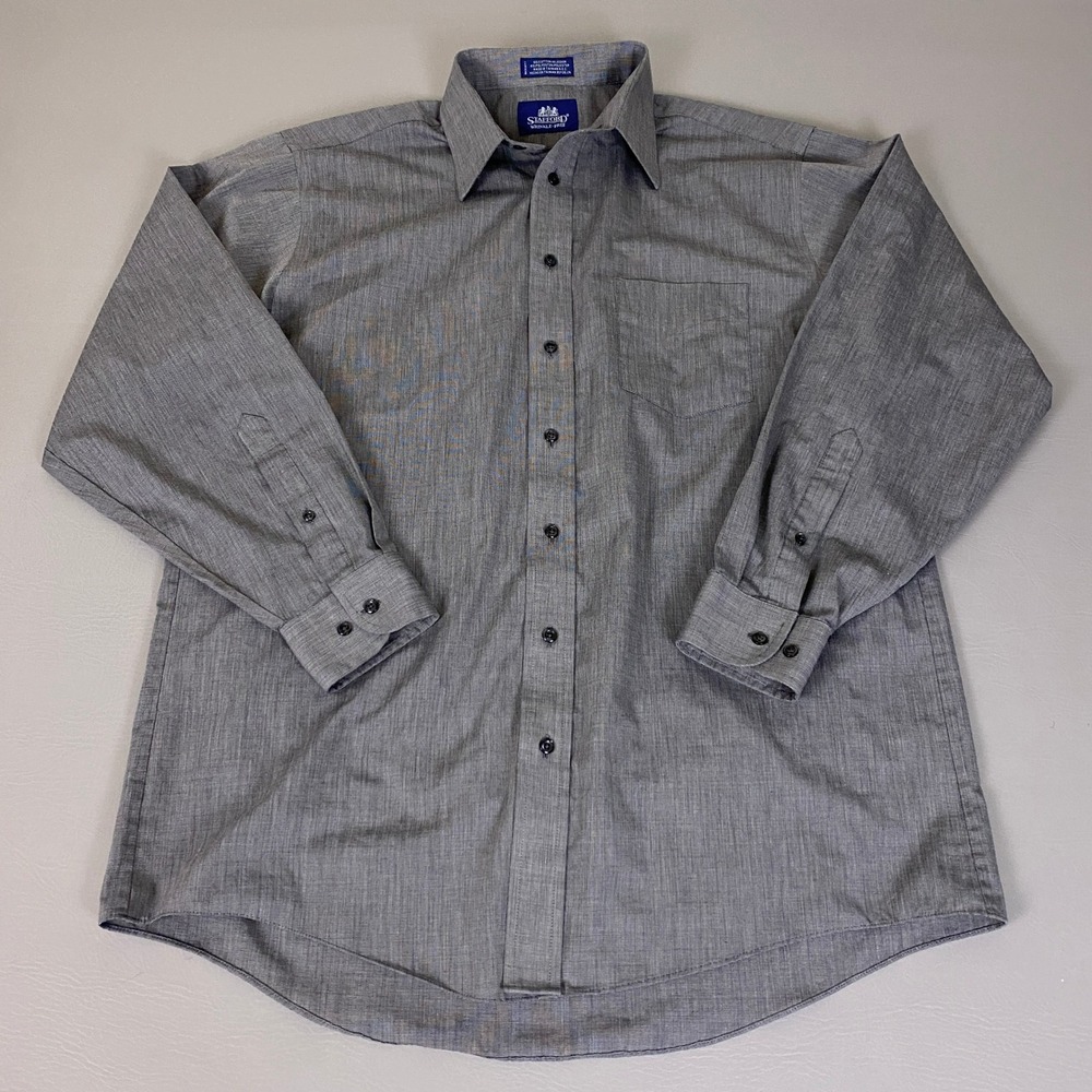 Stafford Button Up Dress Shirt Men Size 16.5 34/35 Gray Wrinkle Free Long Sleeve